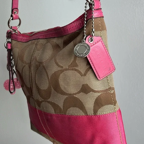 Coach Tan and Pink Signature Shoulder Bag - Picture 11 of 15